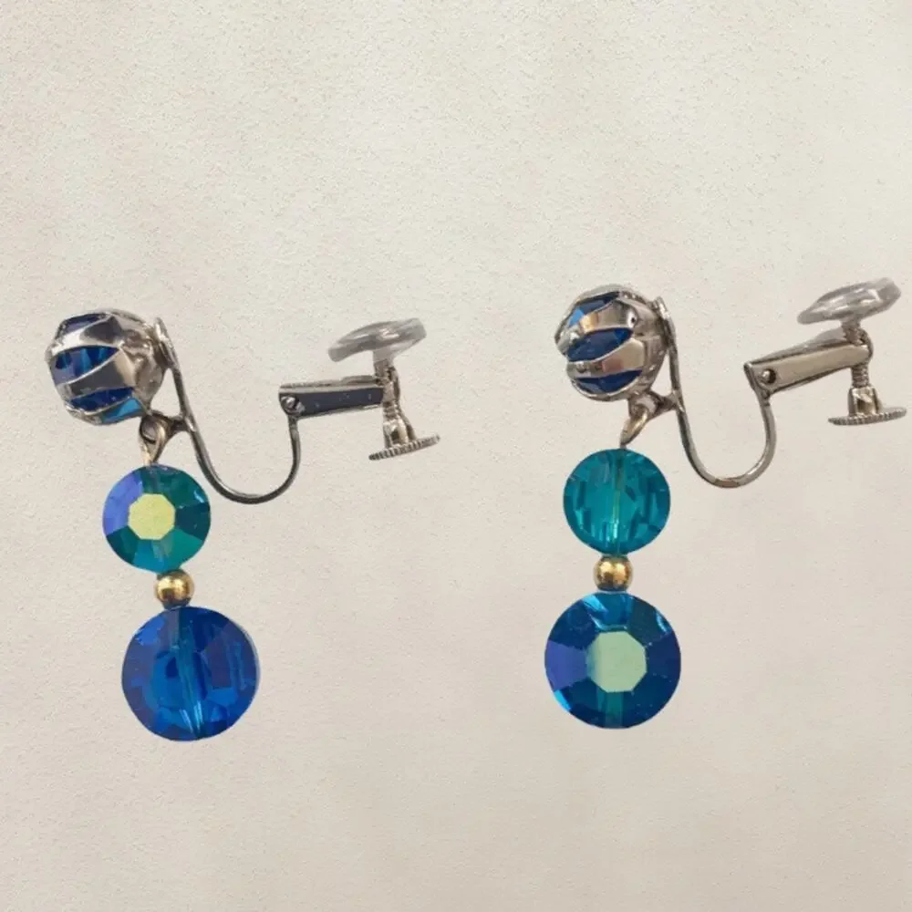 Vintage Earrings Blue Aurora Borealis Crystals Screw Back Dangle Earrings - Picture 5 of 6